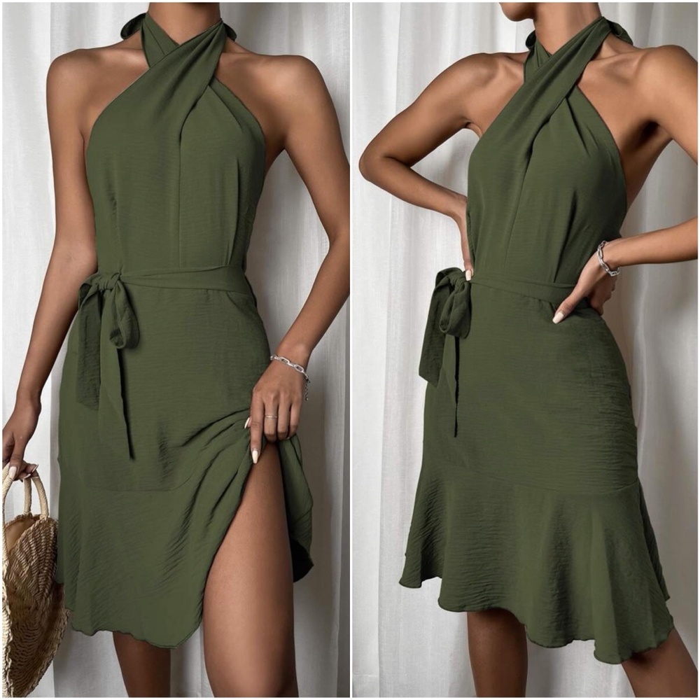 Mocha Brown Twist Halter Ruffle Midi Dress Belted - Picture 6 of 10